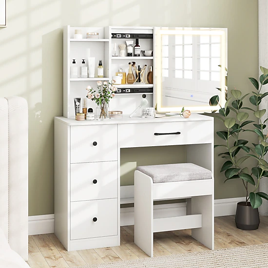 LJG Vanity Desk with Sliding Mirror and Lights Makeup Table and