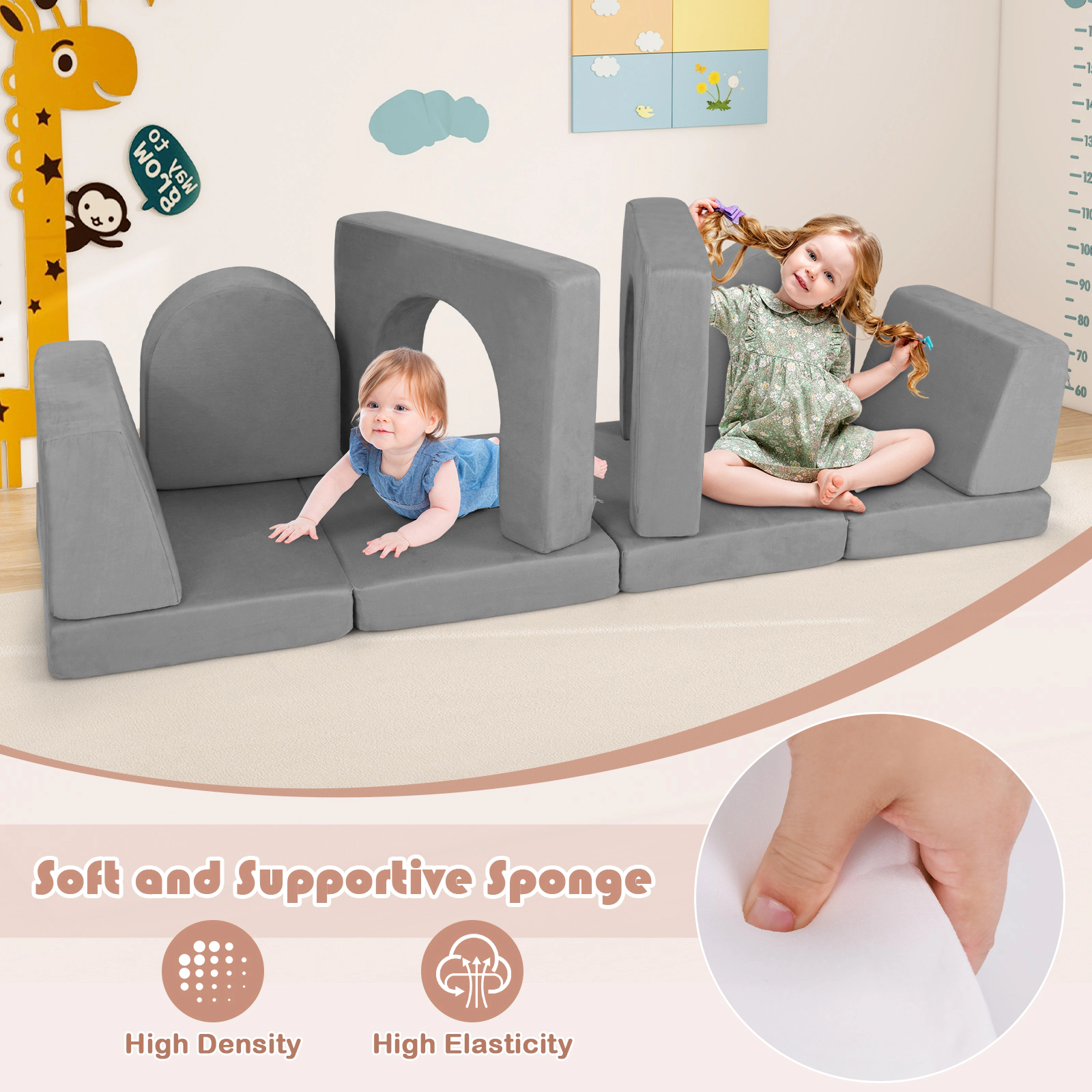 8-Piece Modular Kids Play Couch 56-in Toddler Foam Sofa with Wear-Resistant Suede Covers Zip-Off Machine-Washable Gray