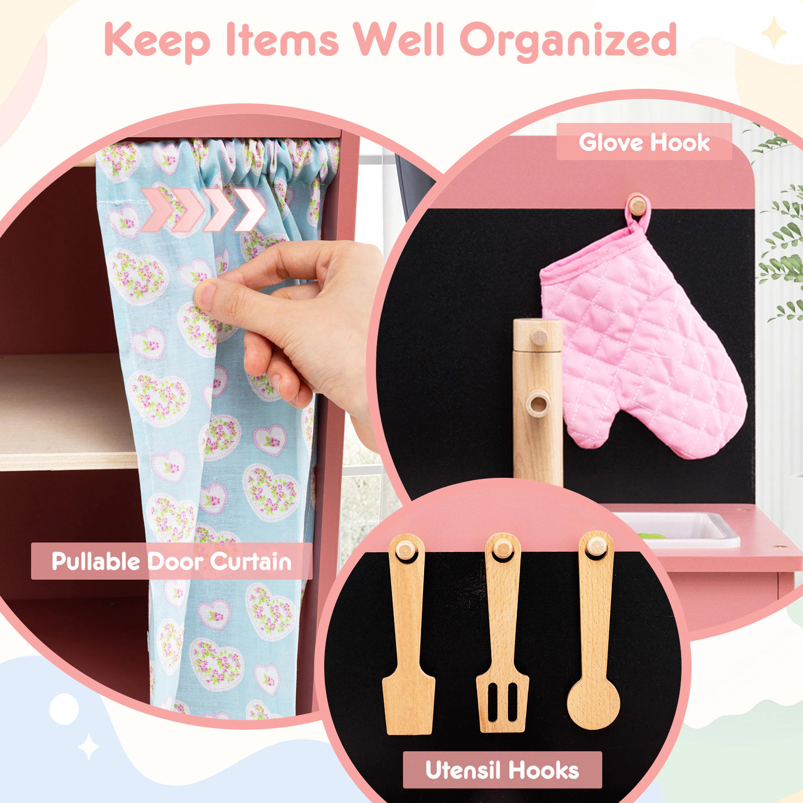 SUGIFT Play Kitchen for Kids with Stove Sink Oven and Door Curtain Ages 3+ Pink with Apron Glove Pan Pot Lid Utensils