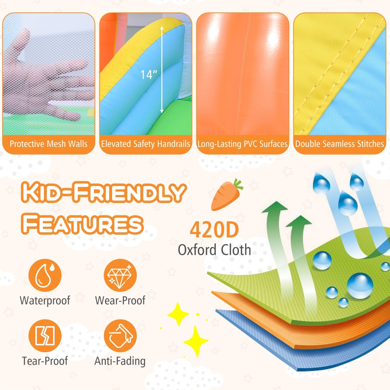 SUGIFT Climbing Wall Ball Pit Slide and 370W Blower for Ages 3-12 Kids Bounce House