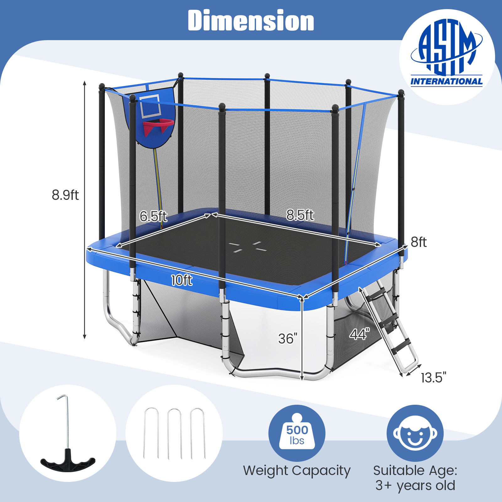 10-ft x 8-ft Rectangle Trampoline Basketball Hoop Soccer Goal 1100-lb Static Capacity Heavy-Duty Hot-Dip Outdoor Blue