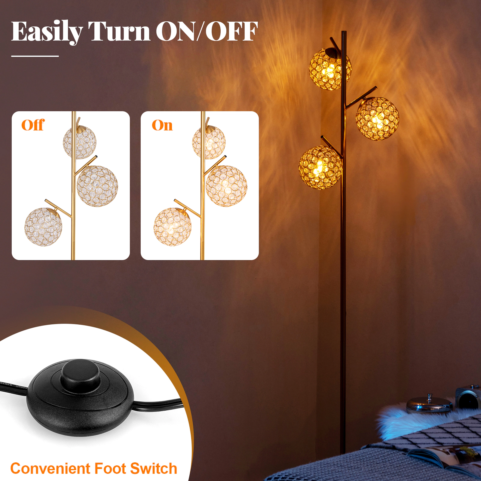 SlickBlue 3 Globe Floor Lamp with 3 E26 Bulb Bases Foot Switch