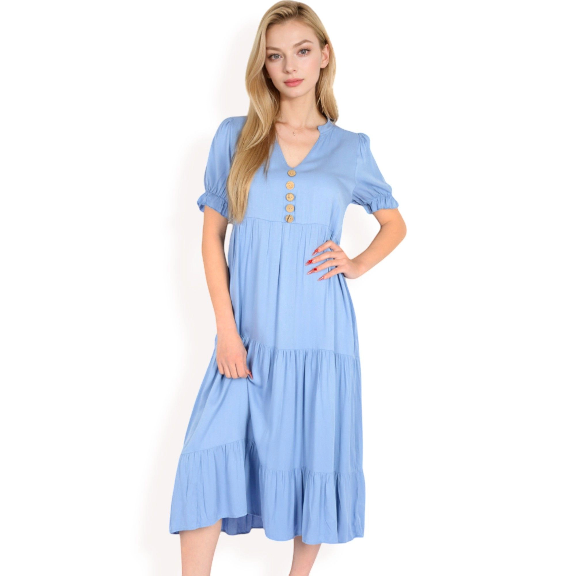Anna-Kaci Women's Puff Sleeve Tiered Button Front Smocked Cuffs Midi Dress
