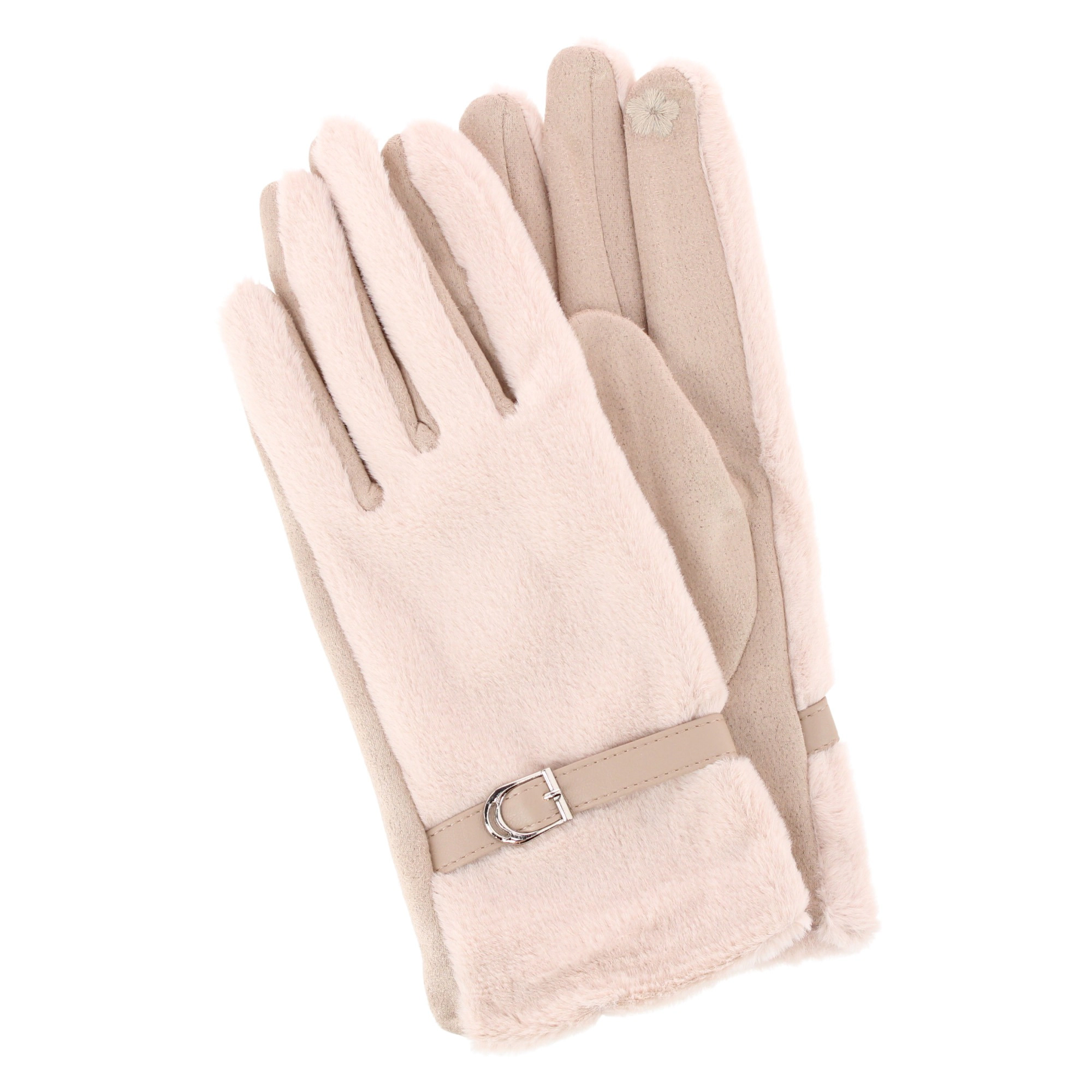 David & Young Women's Tech Touch Suede and Synthetic Fur Gloves with Buckle
