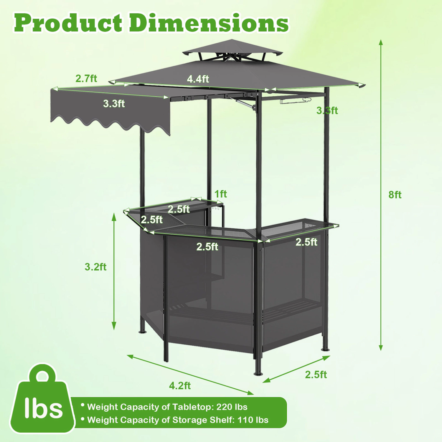 LJG BBQ Gazebo Canopy with 4 Slatted Metal Shelves 6 Hanging Hooks and 2-Row Glass Holders