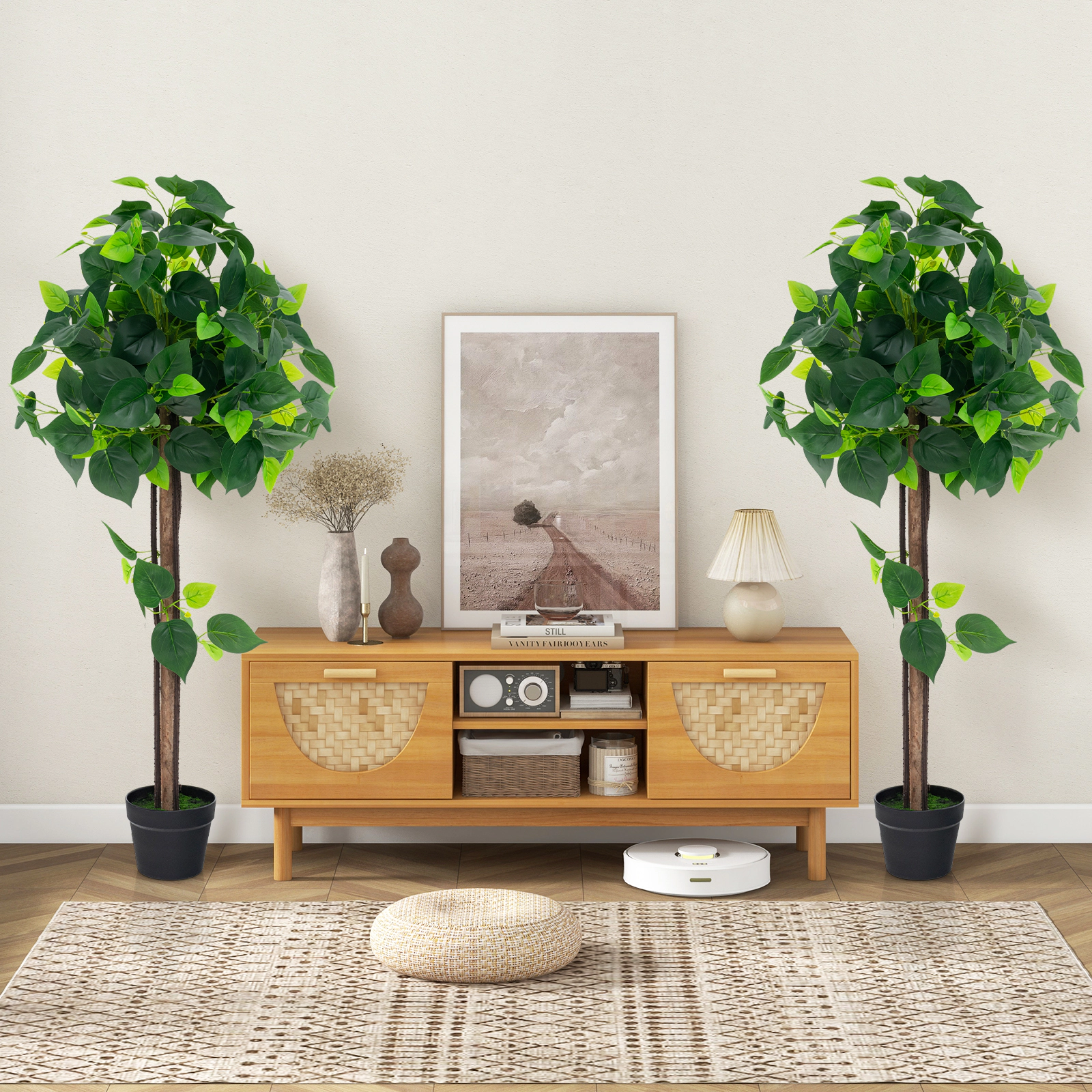 SlickBlue Artificial Hydrangea Tree with Mixed Green Foliage and Cement Filled Pot for Home Decor