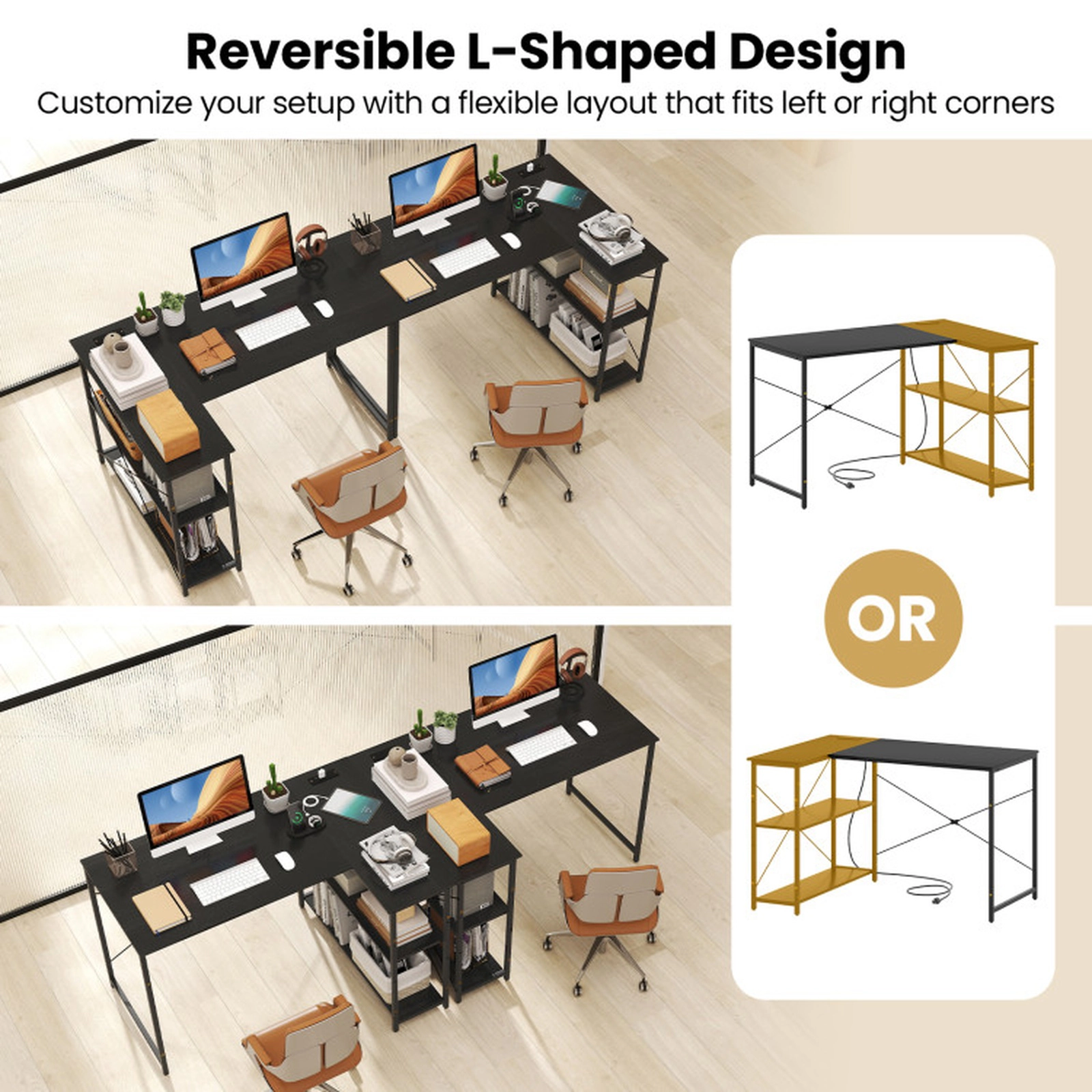 SUGIFT Reversible Storage Shelves Power Outlets L-Shaped Corner Desk 47-in x 34-in x 29-in 240-lb Capacity Black