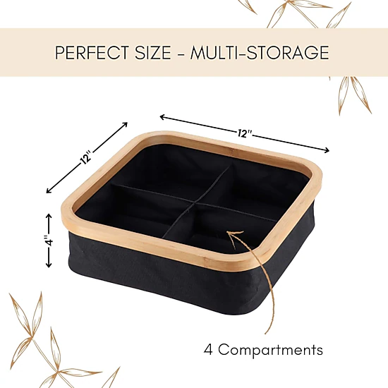 Evideco French Home Goods Black Bamboo-Frame Foldable Storage Basket 15 x 10 x 6 in