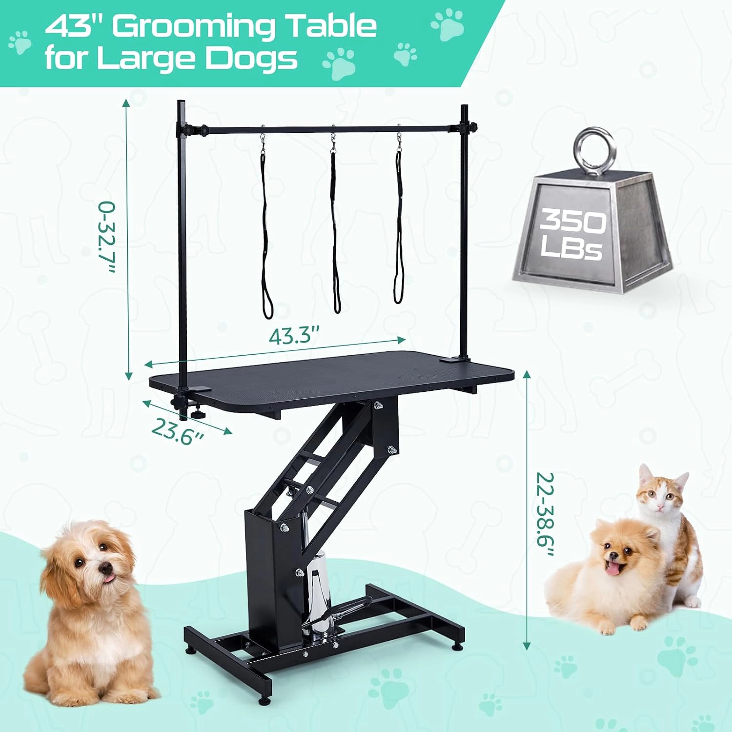 43.3" x 23.6" Hydraulic Dog Grooming Table, 350 lb Capacity, Non-Slip Top, 3 Nooses, Black