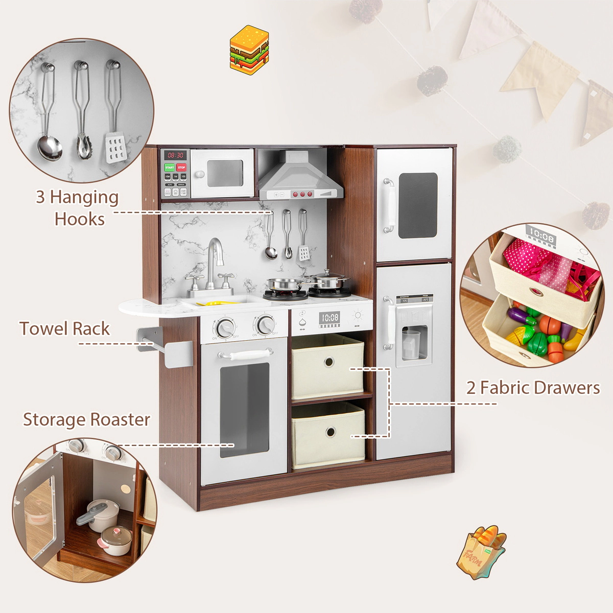 SUGIFT Kids Modern Toy Kitchen Playset with Attractive Lights and Sounds 35.5 x 11.5 x 35.5 in Ages 3+ Coffee