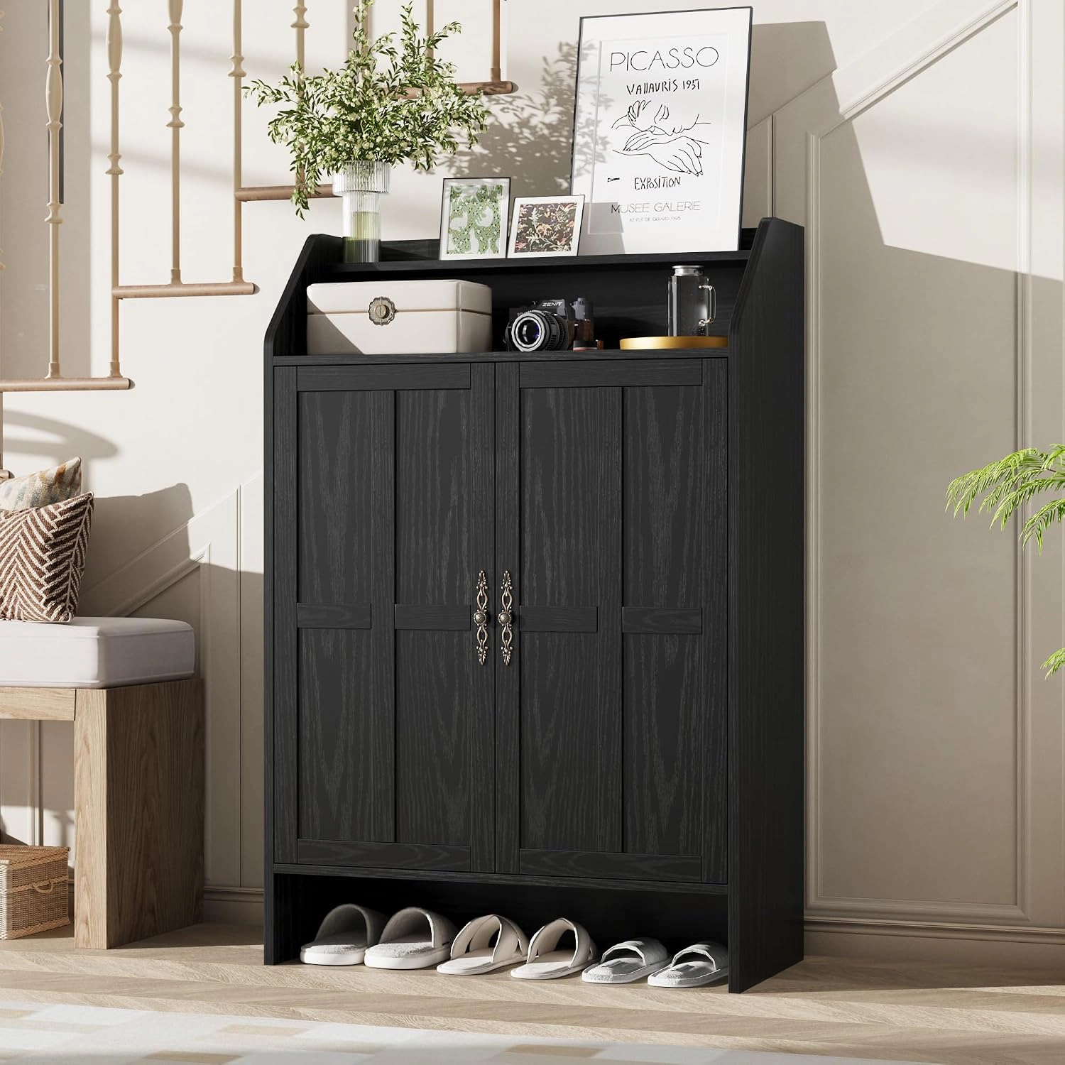 Black Wood Grain 2-Door Shoe Storage Cabinet Entryway Wooden Accent Cabinet with Adjustable Shelves