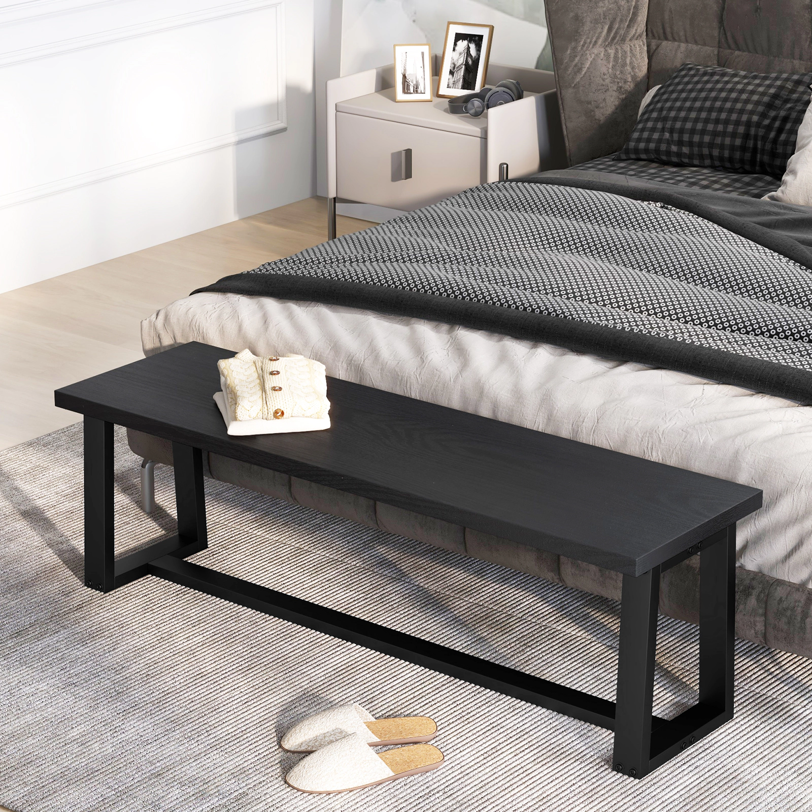 SlickBlue Unisex Acacia Wood Dining Bench, Black Storage Entryway Seat