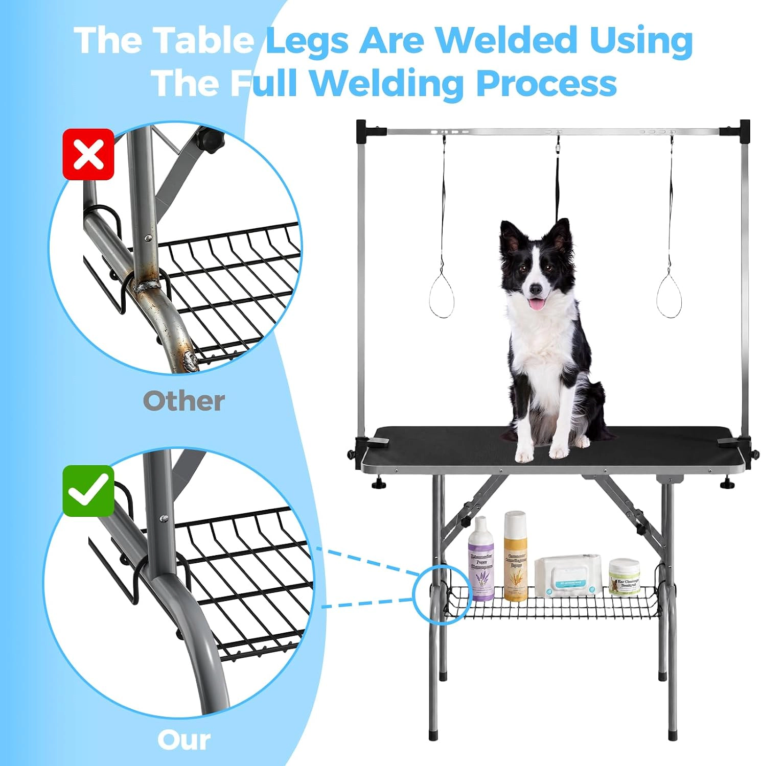 42" Foldable Dog Grooming Table, 350 lb Capacity, Adjustable H-Arm, Non-Slip Top, Mesh Basket