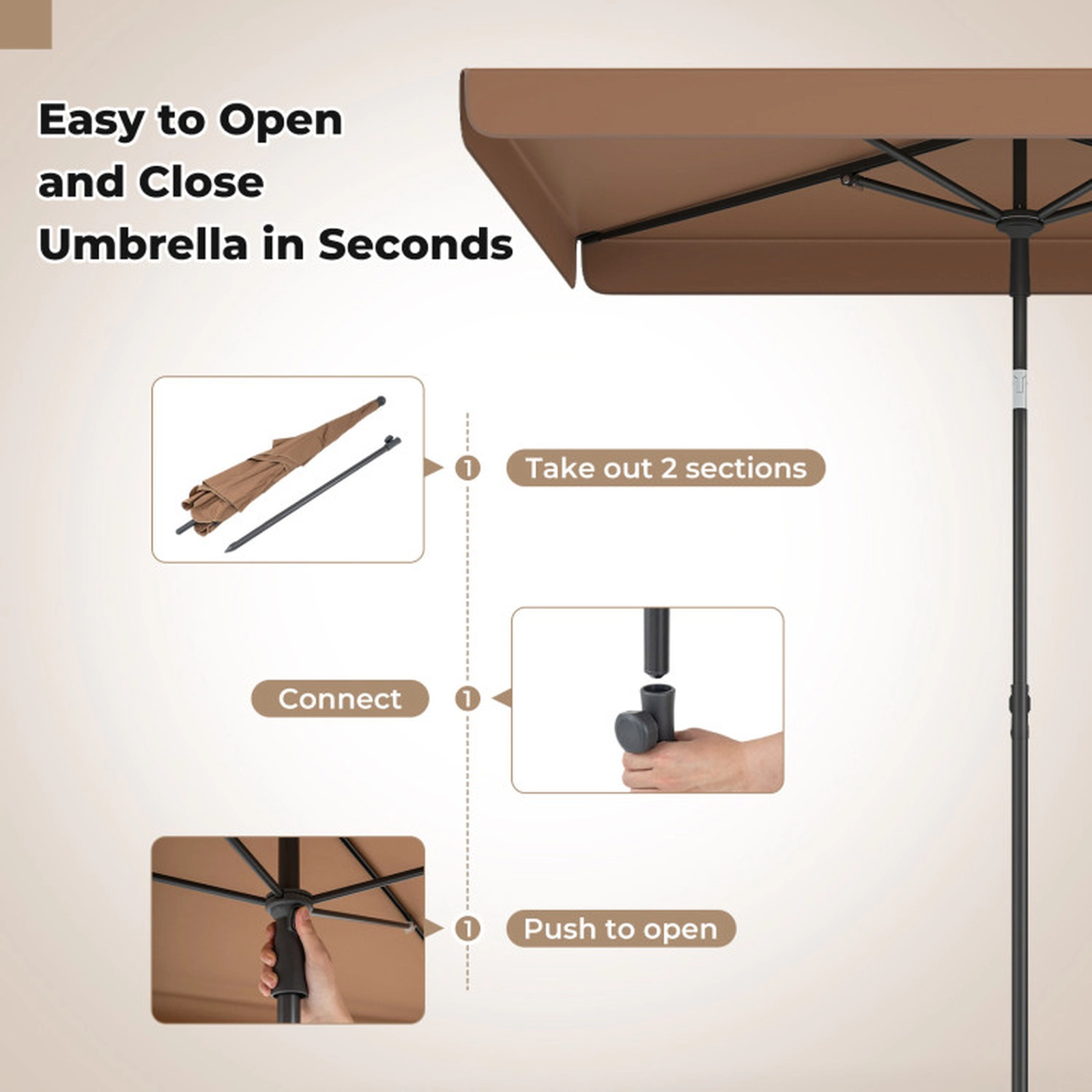 SUGIFT Rectangular Outdoor Balcony Umbrella with Push Button Tilt 6-lb Net Weight Brown with Carrying Bag