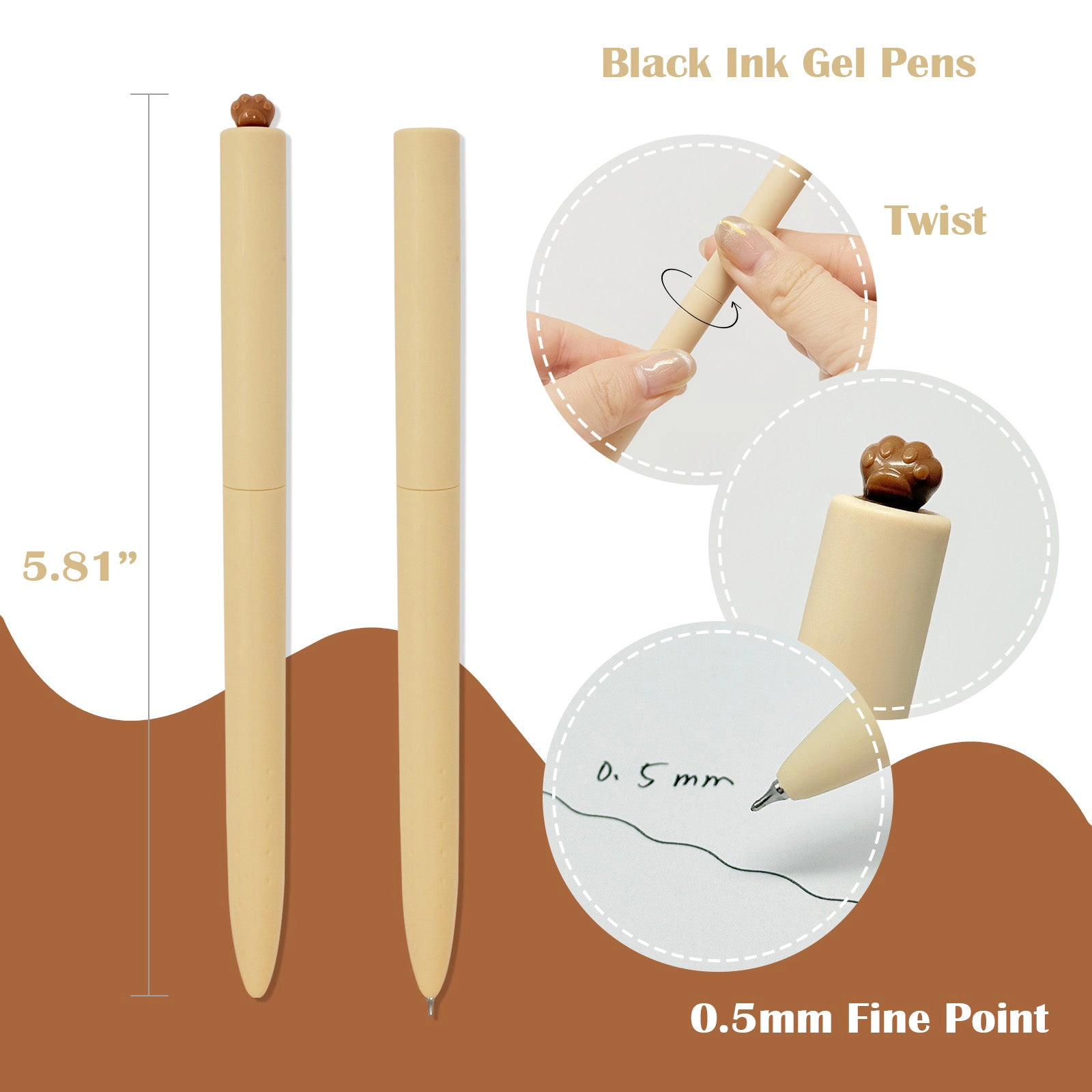 Wrapables Retractable Black Ink Gel Pens, 0.5mm Fine Point for Home and Office, Sepia, Set of 6