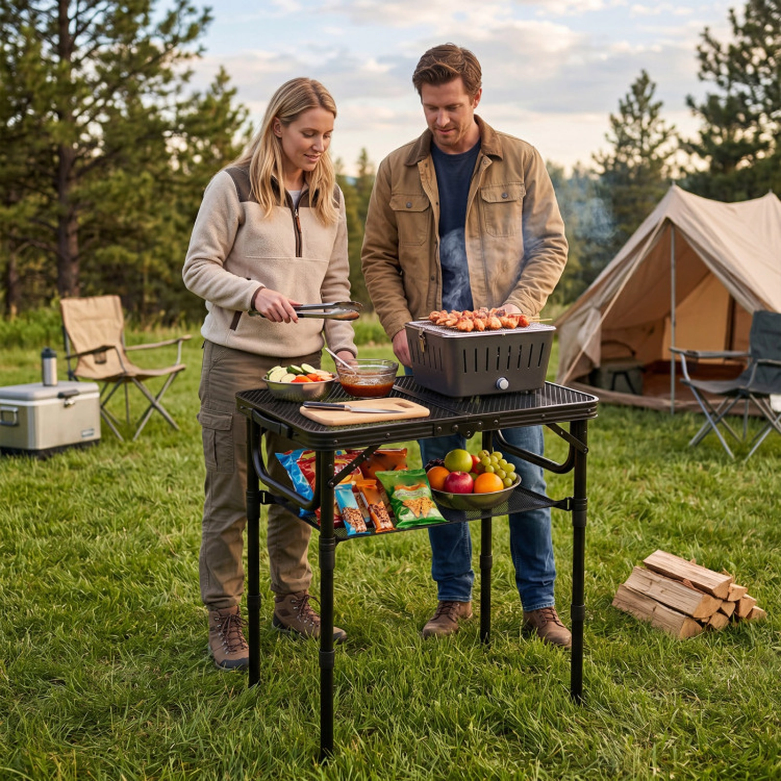 SUGIFT Black 90-lb Capacity 3-Height Adjustable Folding Aluminum Camping Table with Mesh Top and Storage Net