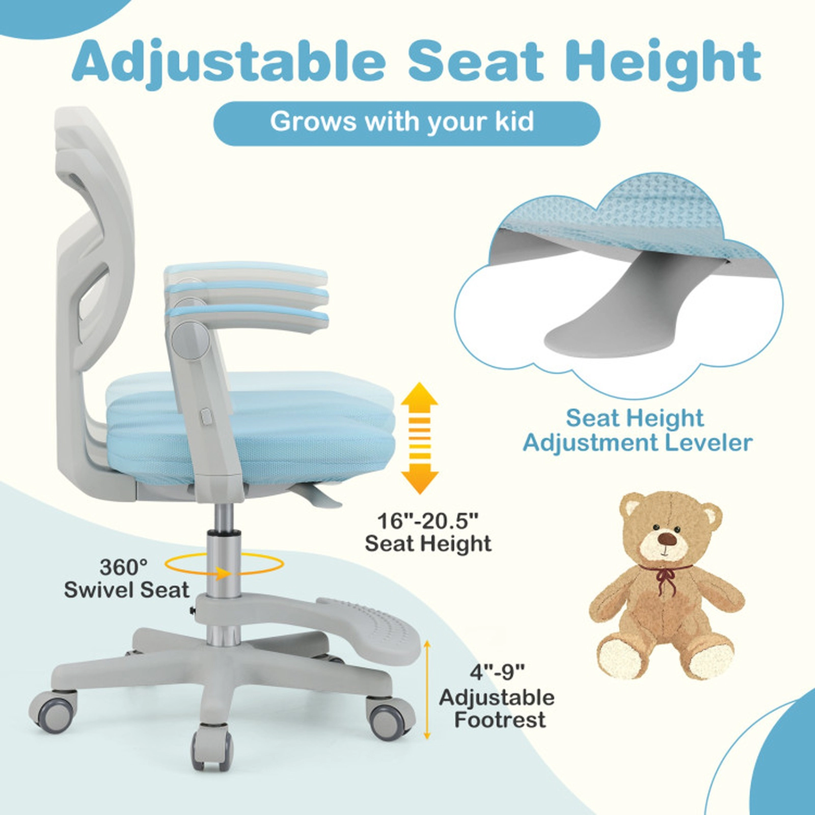 SUGIFT Adjustable Kids Study Chair with Swivel Seat Armrests Footrest and Mesh Back 330-lb Capacity Blue