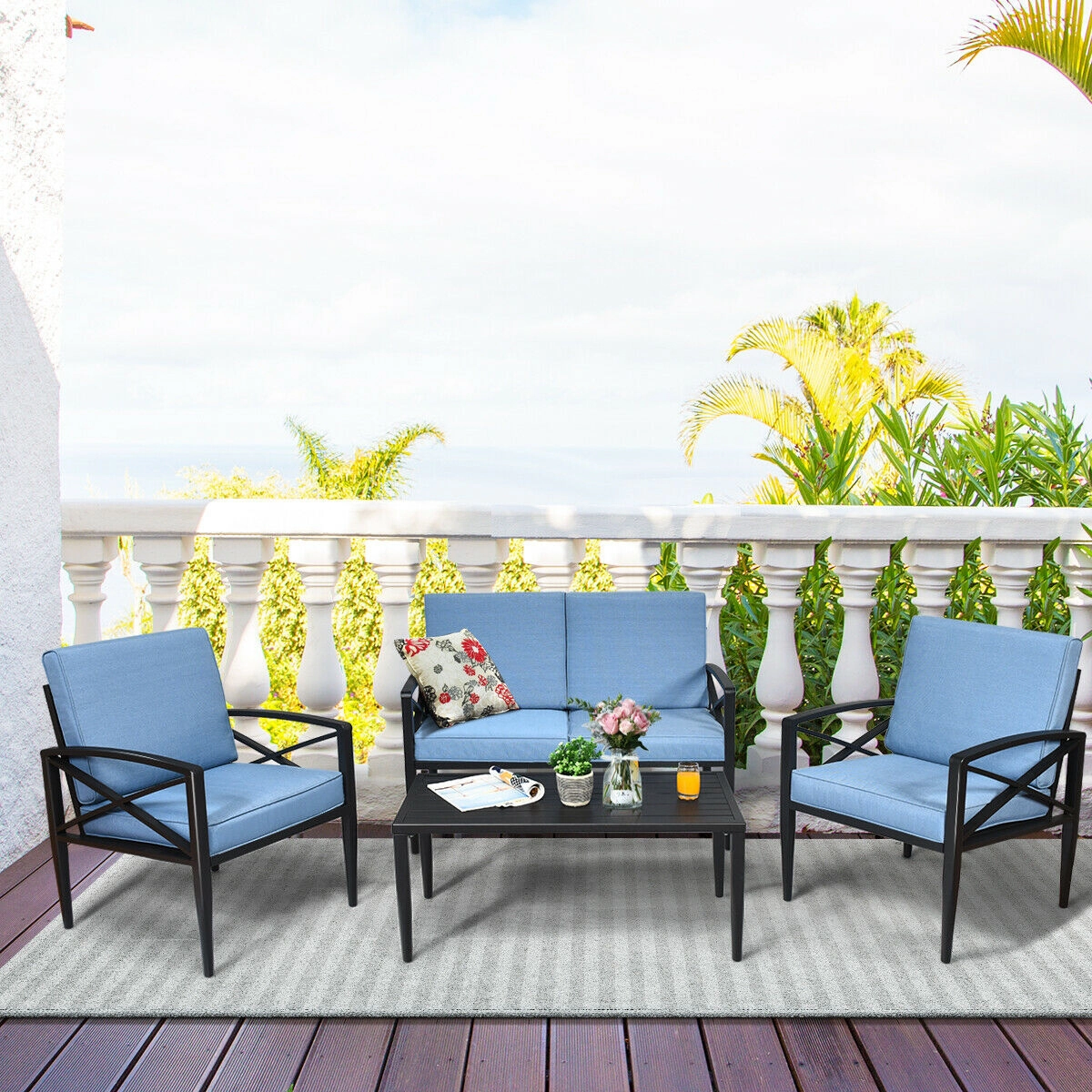 LJG 4 Pieces Patio Furniture Set Aluminum Frame Cushioned Sofa