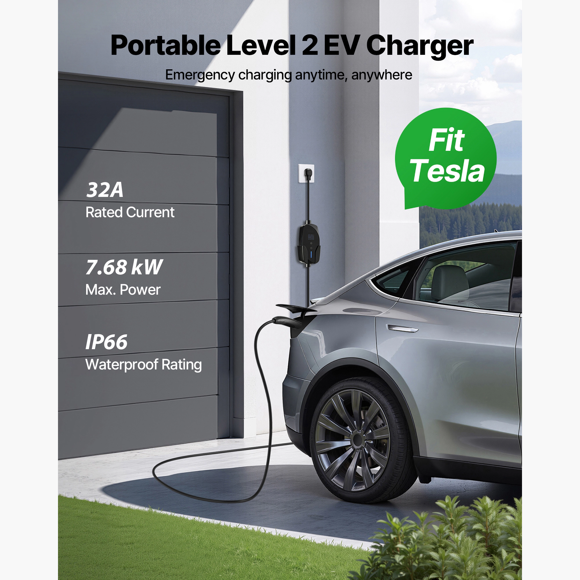 HONGGE Level 2 Tesla Charger Adjustable Current 240V Portable Home Electric Car EV Charger with 25 ft Charging Cable