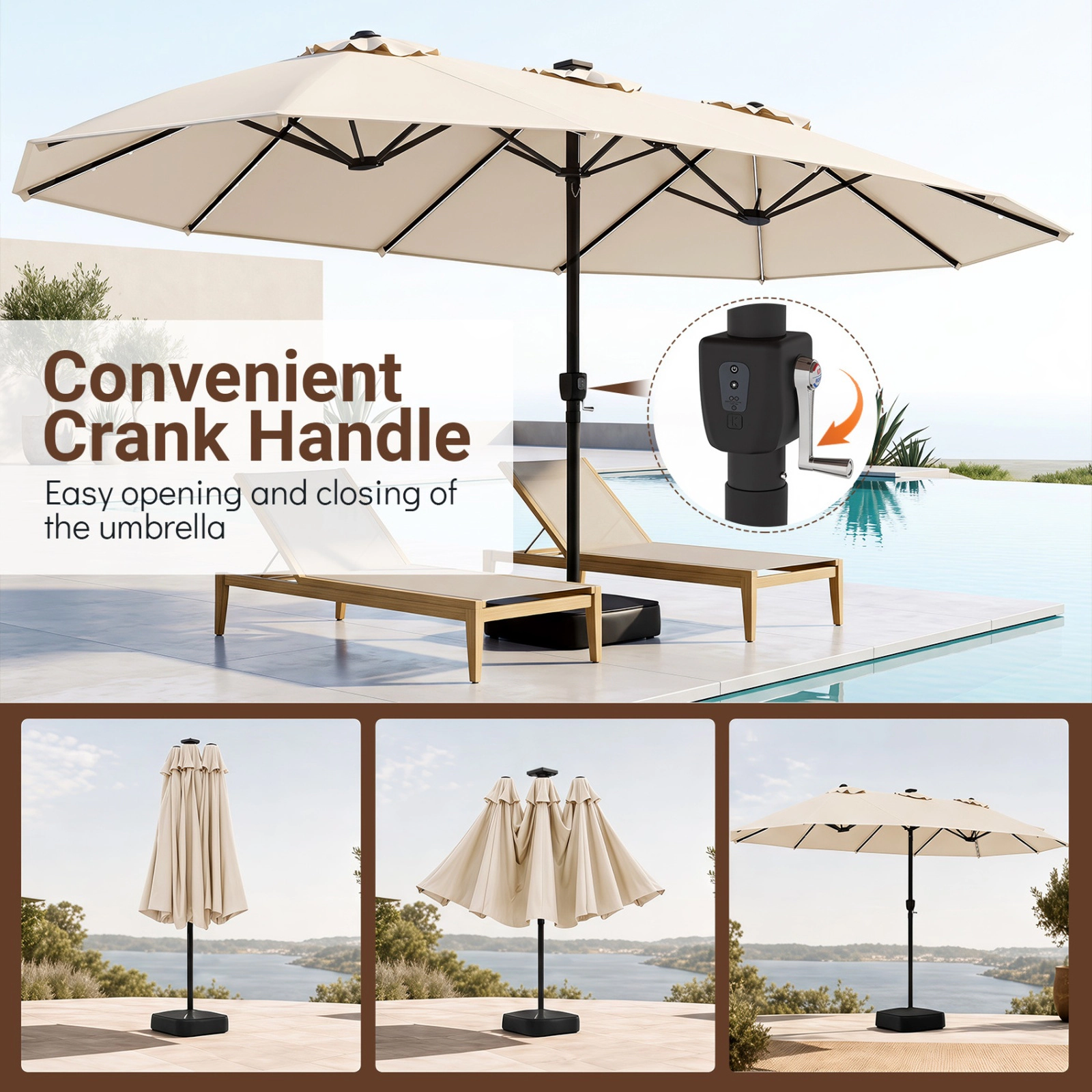 SUGIFT 15.5-ft Extra-Large Patio Umbrella with Solar LED Lights 12 Reinforced Metal Ribs Beige