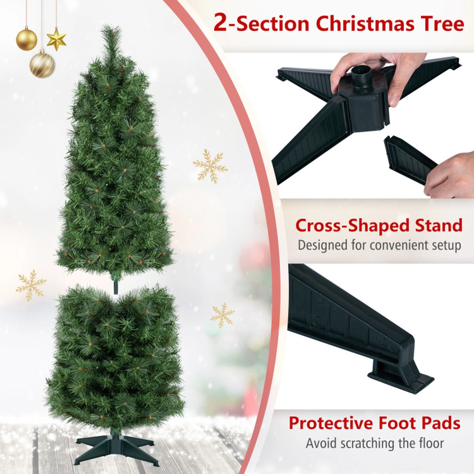 SUGIFT 5-Ft Pre-Lit Skinny Pencil Pine Christmas Tree, 100 Warm White LED Lights, 309 Tips