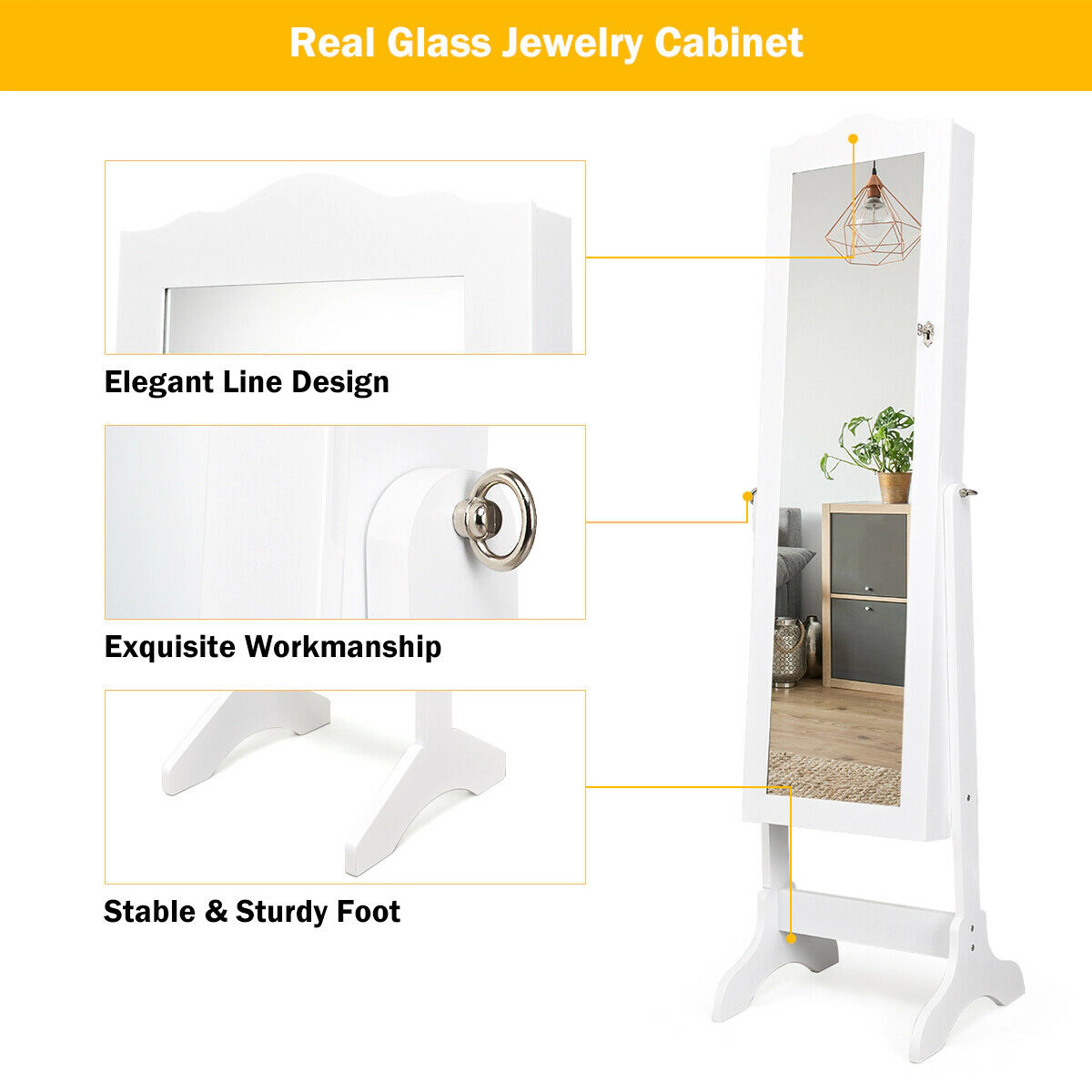 SUGIFT White 4-Angle Tilting Mirrored Jewelry Cabinet Lockable Floor Mirror Armoire with Large Storage