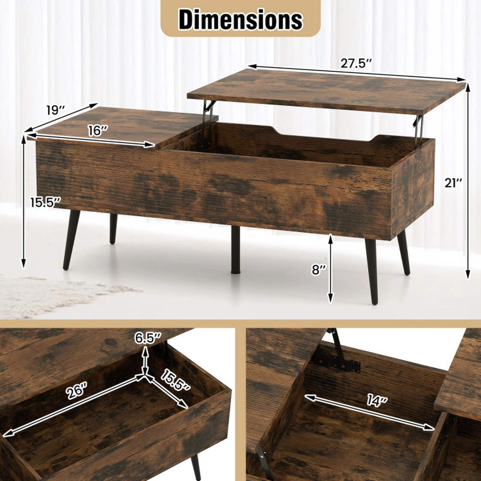 SUGIFT 47-in 132-lb Capacity Dual Pneumatic Lift Top Coffee Table with 2 Hidden Storage Compartments
