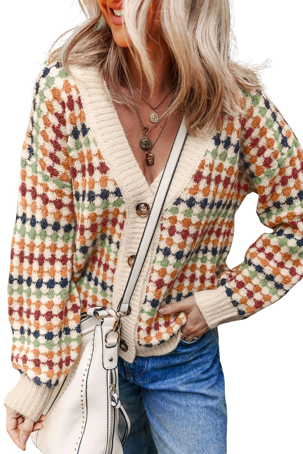 Sol Living Womens Dotty Pattern Knit Button Front V Neck Sweater Cardigan