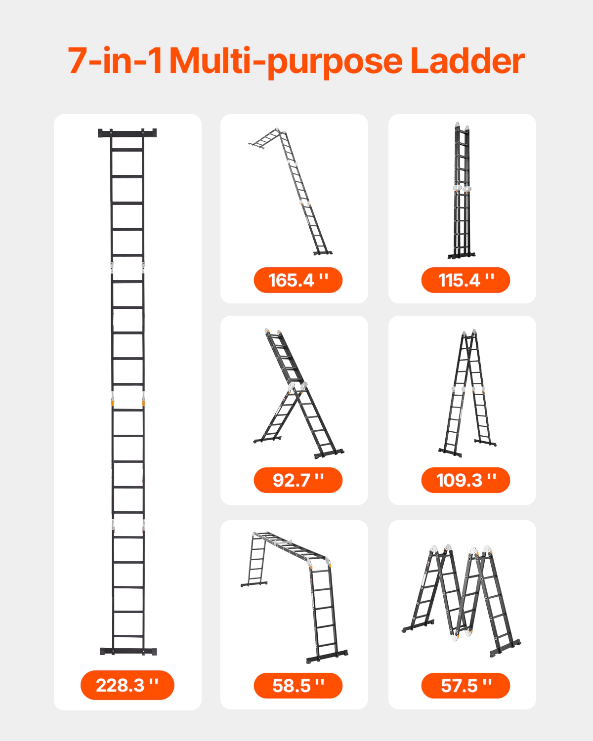 HONGGE Multi-Purpose Folding Ladder 7-in -1 Tall Extension Step A Frame Telescoping Reach Height Heavy
