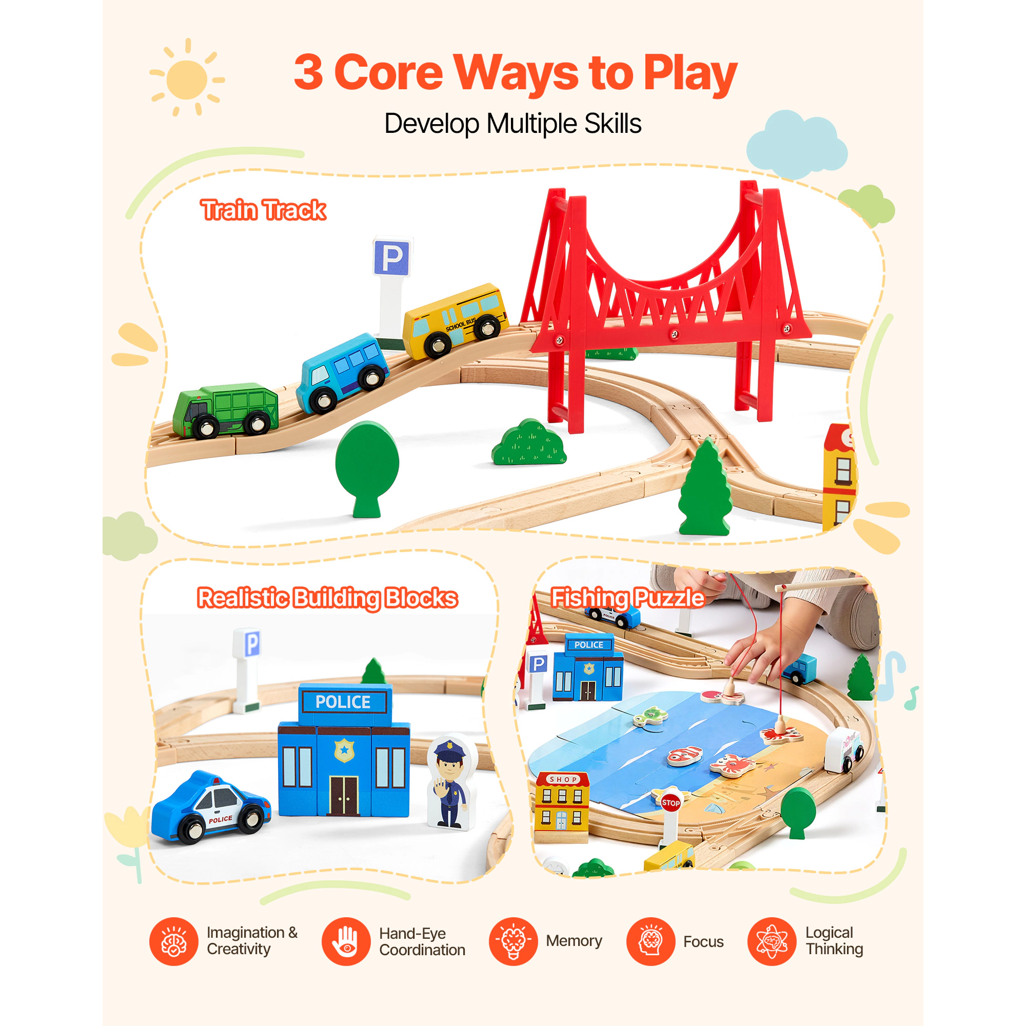HONGGE Wooden Train Set for Kids Ages 3-8 Wood Train Track Toy with Railway Compatible with Major Brands Christmas