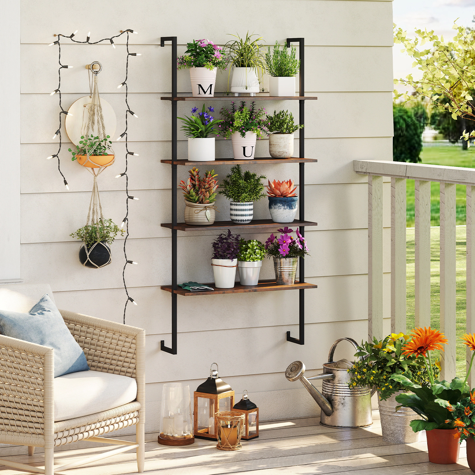 SUGIFT Brown 4-Tier Industrial Ladder Bookshelf Wall Mounted with Metal Frame
