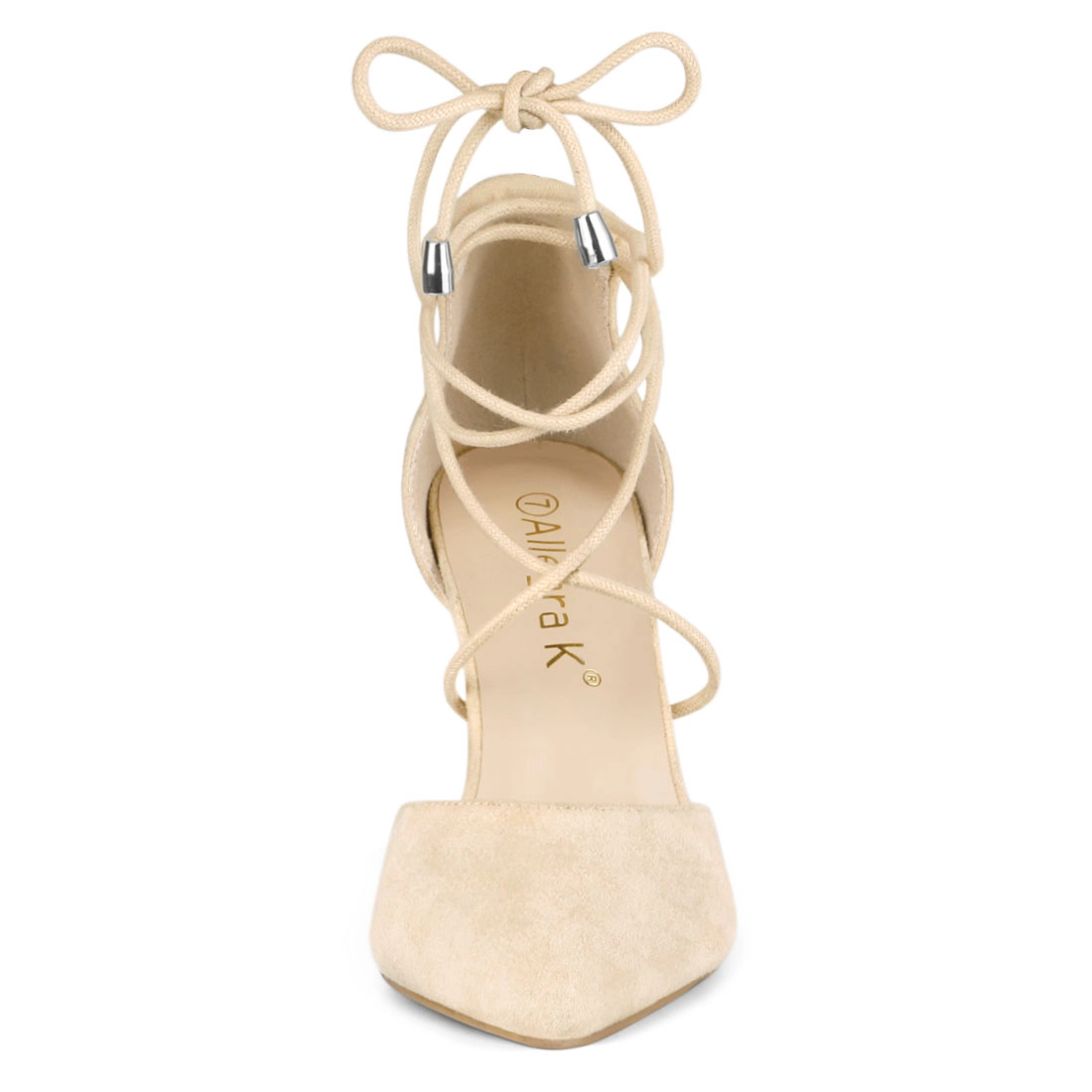BLISSFUL STEP Women Faux Suede Pointed Toe Chunky Heels Lace Up Sandals Pumps