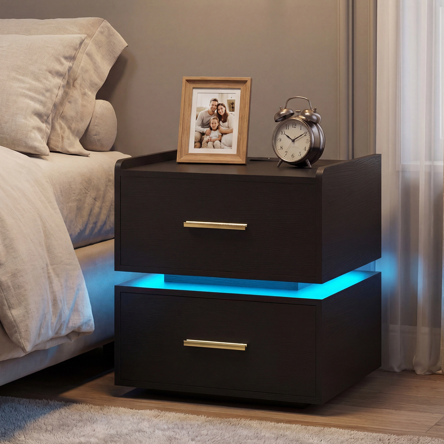 Hivvago LED Bedside Table with Charging Station and 2 Storage Drawers