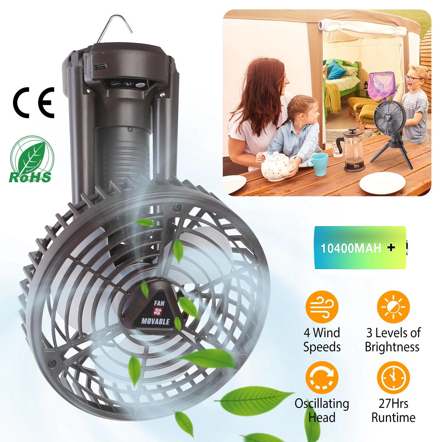 GBruno 10400mAh Rechargeable Camping Fan With LED Light