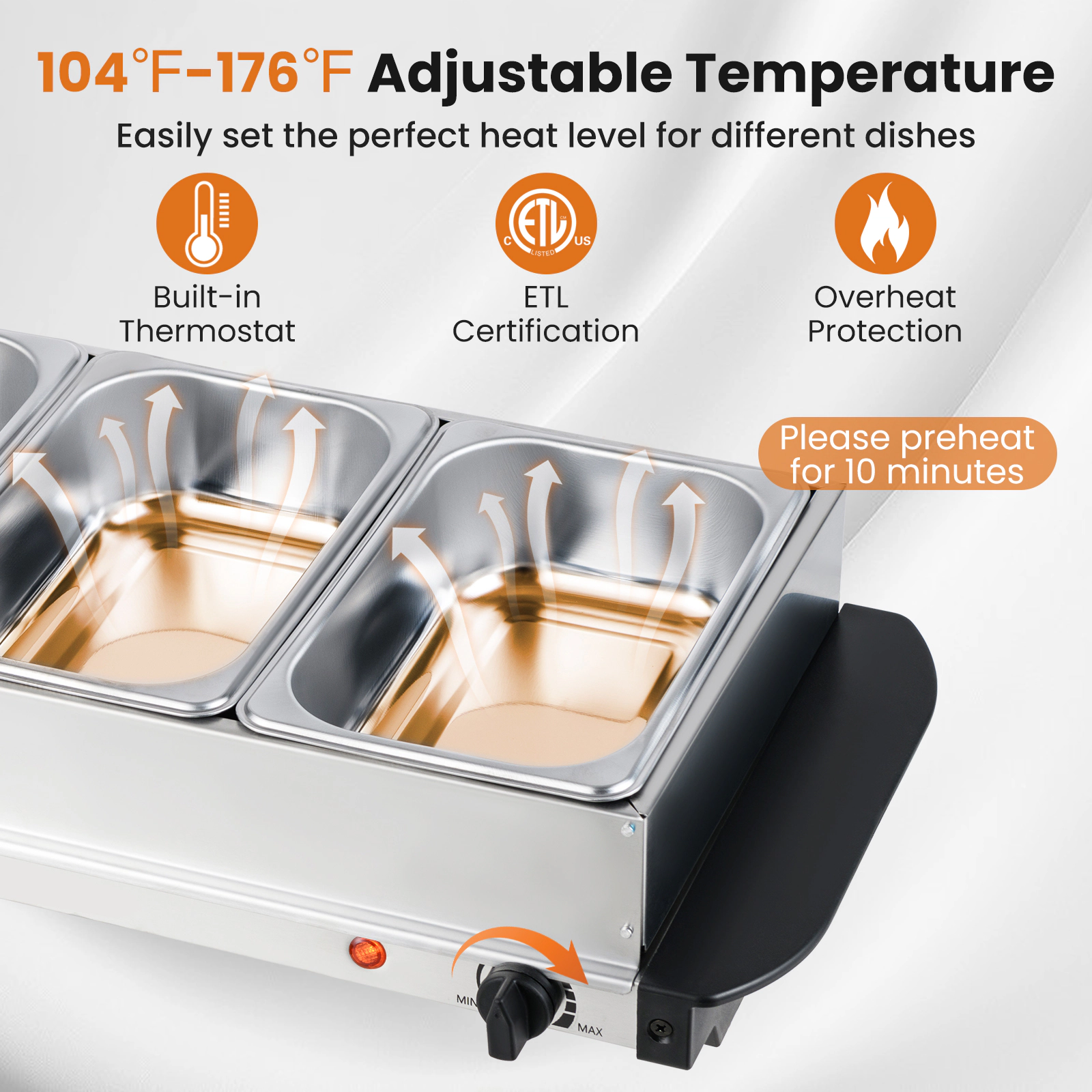 SUGIFT Electric Buffet Server Food Warmer 3 Removable Trays 104-176 F Thermostat 21 x 10 x 6-in Silver and Black