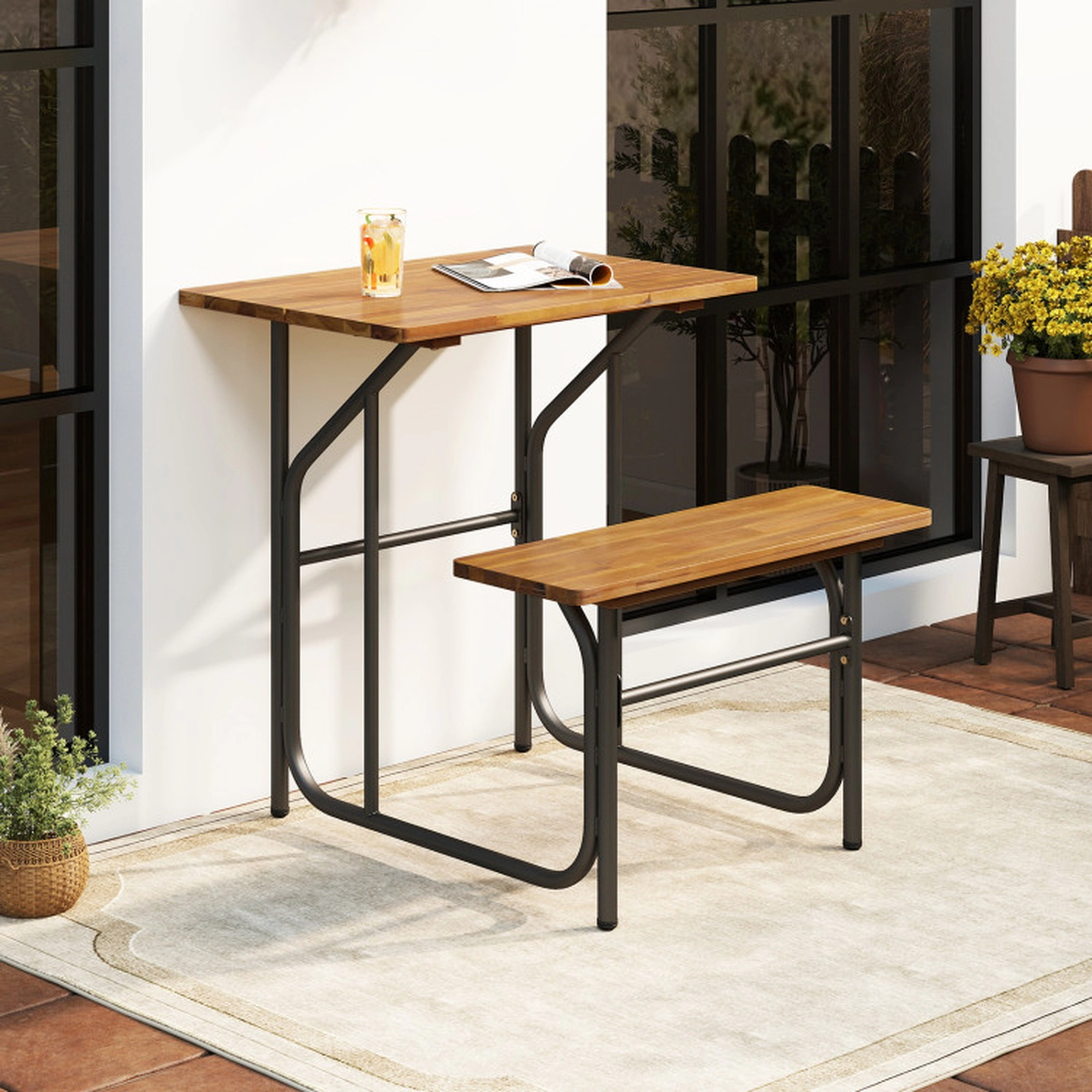 SUGIFT Single-Side Acacia Wood Patio Table and Bench Set 180-lb Tabletop 400-lb Bench Black + Natural