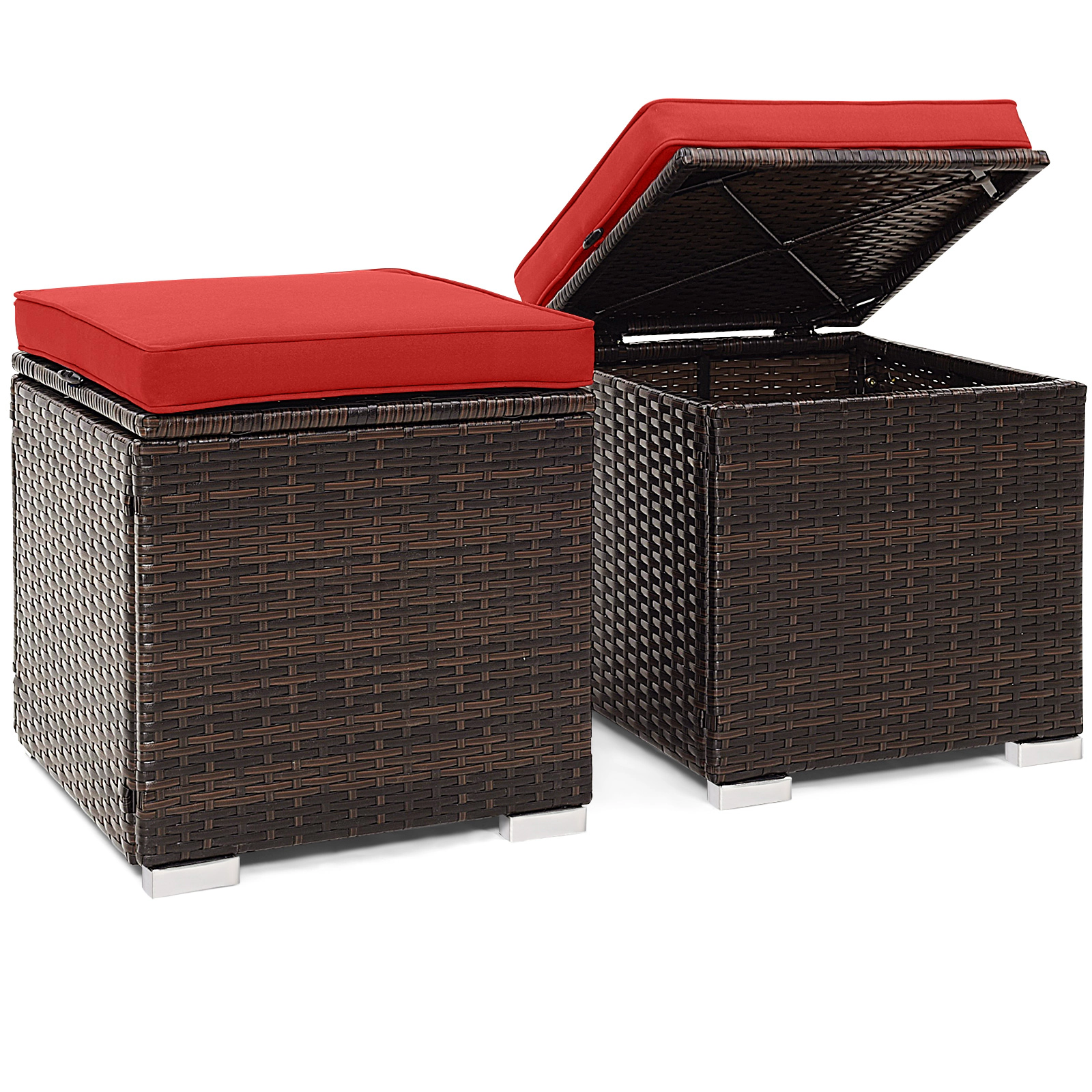 SUGIFT 2-Piece Patio Ottoman Storage Set with Removable Cushions 350-lb Top Capacity Red Mix Brown Rattan
