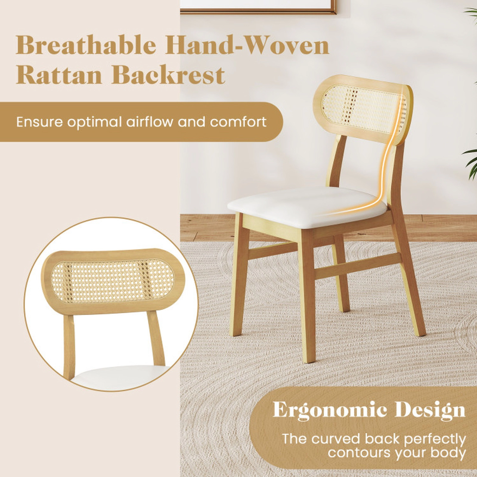 SUGIFT Set of 2 Mid-Century Rattan Back Dining Chairs with PU Leather Seats
