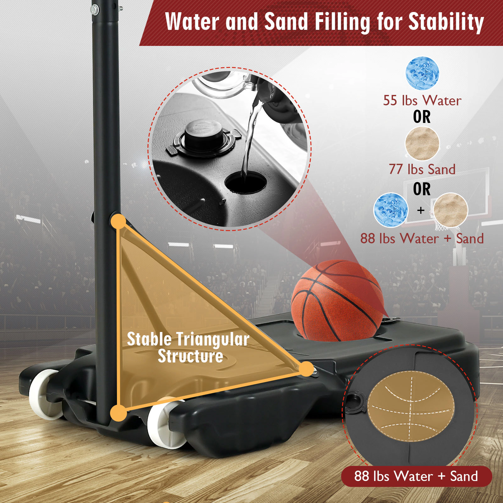 SUGIFT 4.3-8.2 ft Adjustable Portable Basketball Hoop with 30 x 19.5 in Backboard and Wheels Red Black Blue