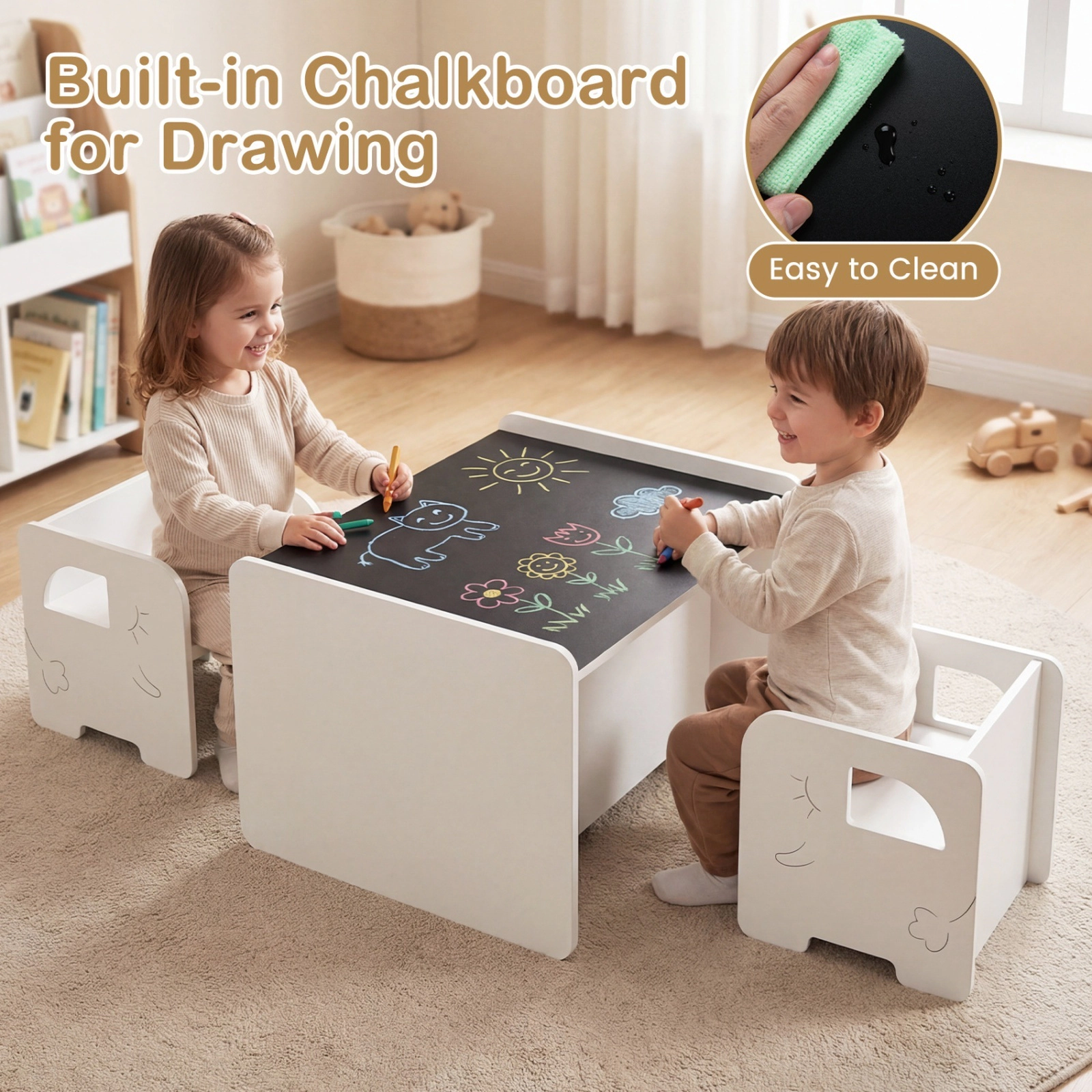 SUGIFT Kids Table and 2 Chairs, 3-Piece White Set with Chalkboard Top