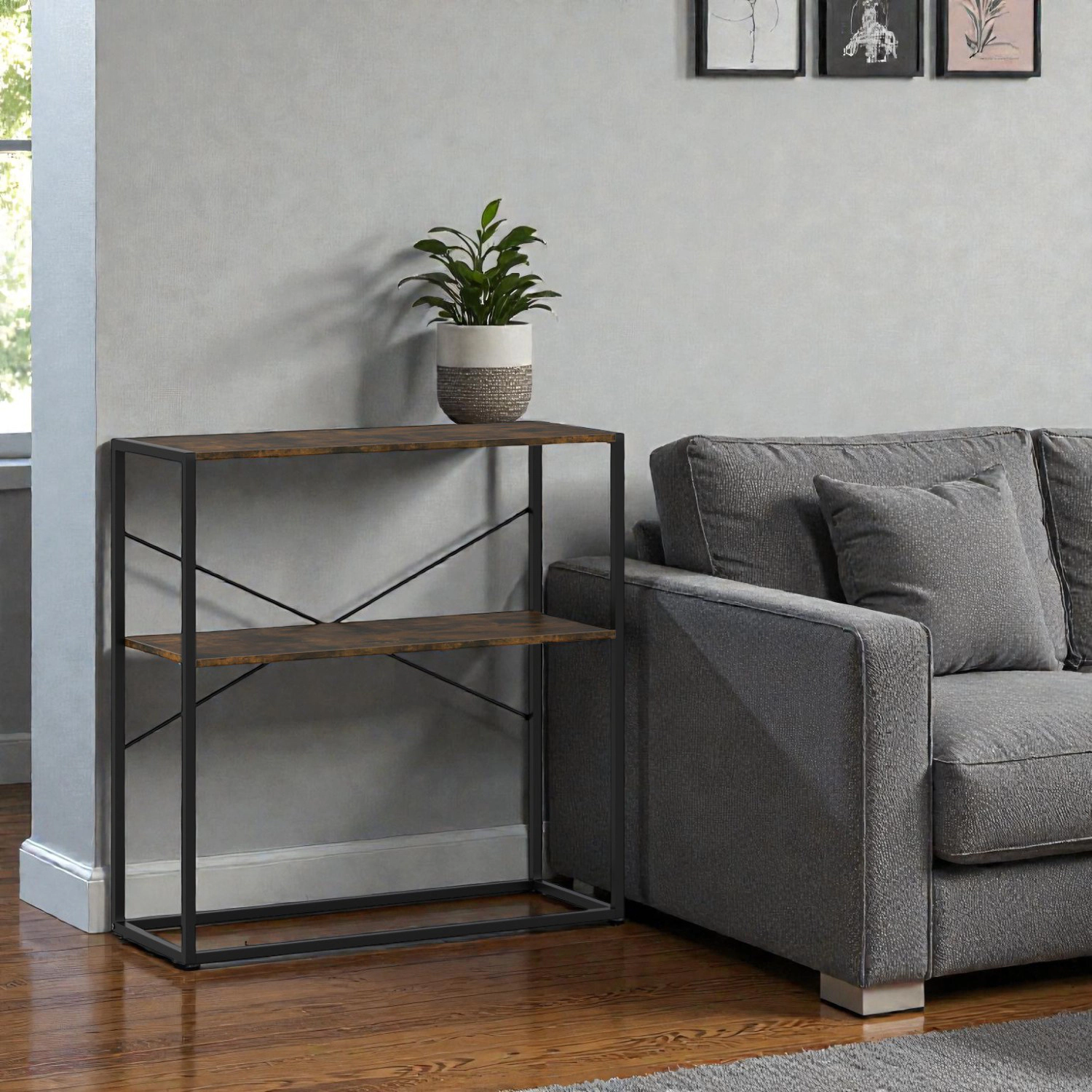 Hivvago Modern 36" Entryway Console Table Featuring Dual Wooden Shelves and Metal Base