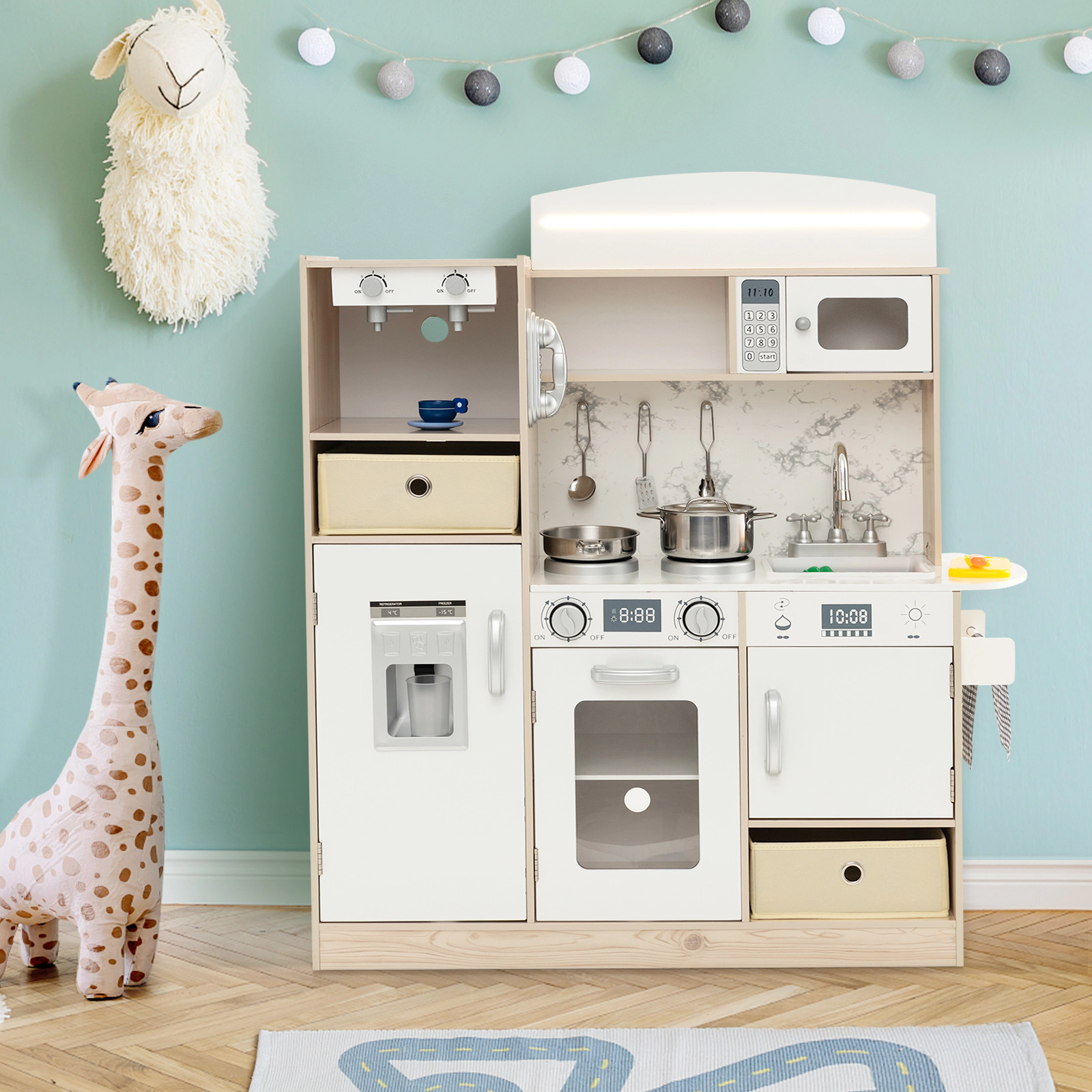 Kids Kitchen Playset Remote LED Lights Toy Coffee Maker Ice Maker Fabric Bins 35.5-in x 11.5-in x 35.5-in White