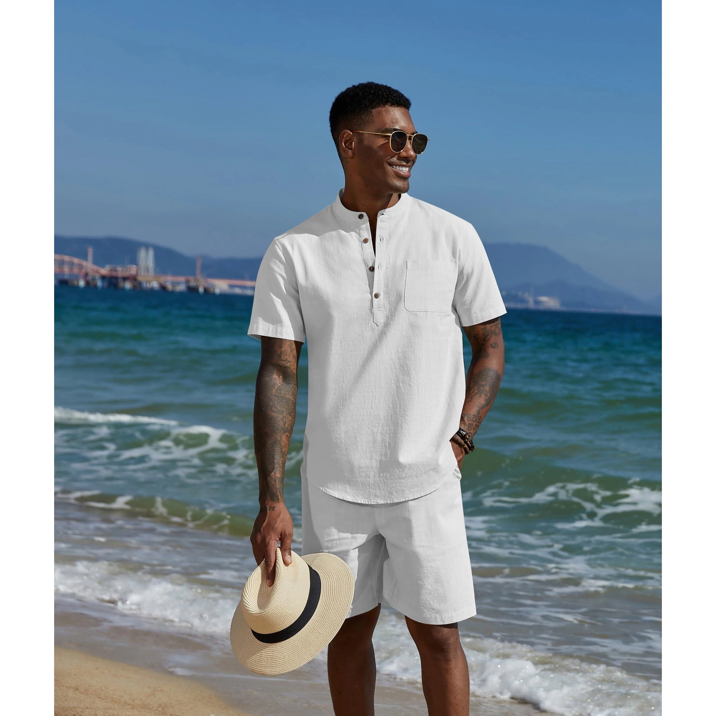 COOFANDY Men's Regular Fit Henley Neck Short Sleeve Shirt and Shorts Two Piece Set