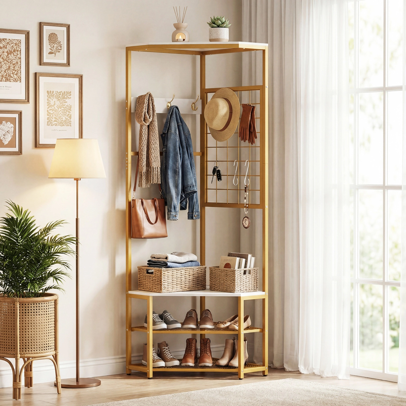SUGIFT Right-Angle Corner Hall Tree Freestanding Coat Rack with Storage Shelves & Removable Hooks 220-lb Capacity White