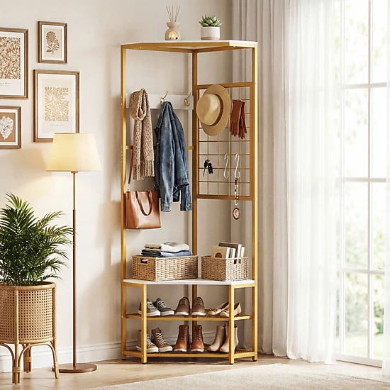 SUGIFT Right-Angle Corner Hall Tree Freestanding Coat Rack with Storage Shelves & Removable Hooks 220-lb Capacity White