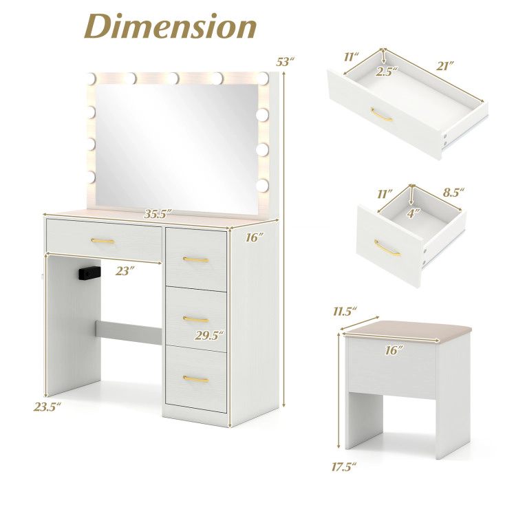 Hivvago Vanity Desk With Mirror And Lights Makeup Dressing Table With Power Outlets