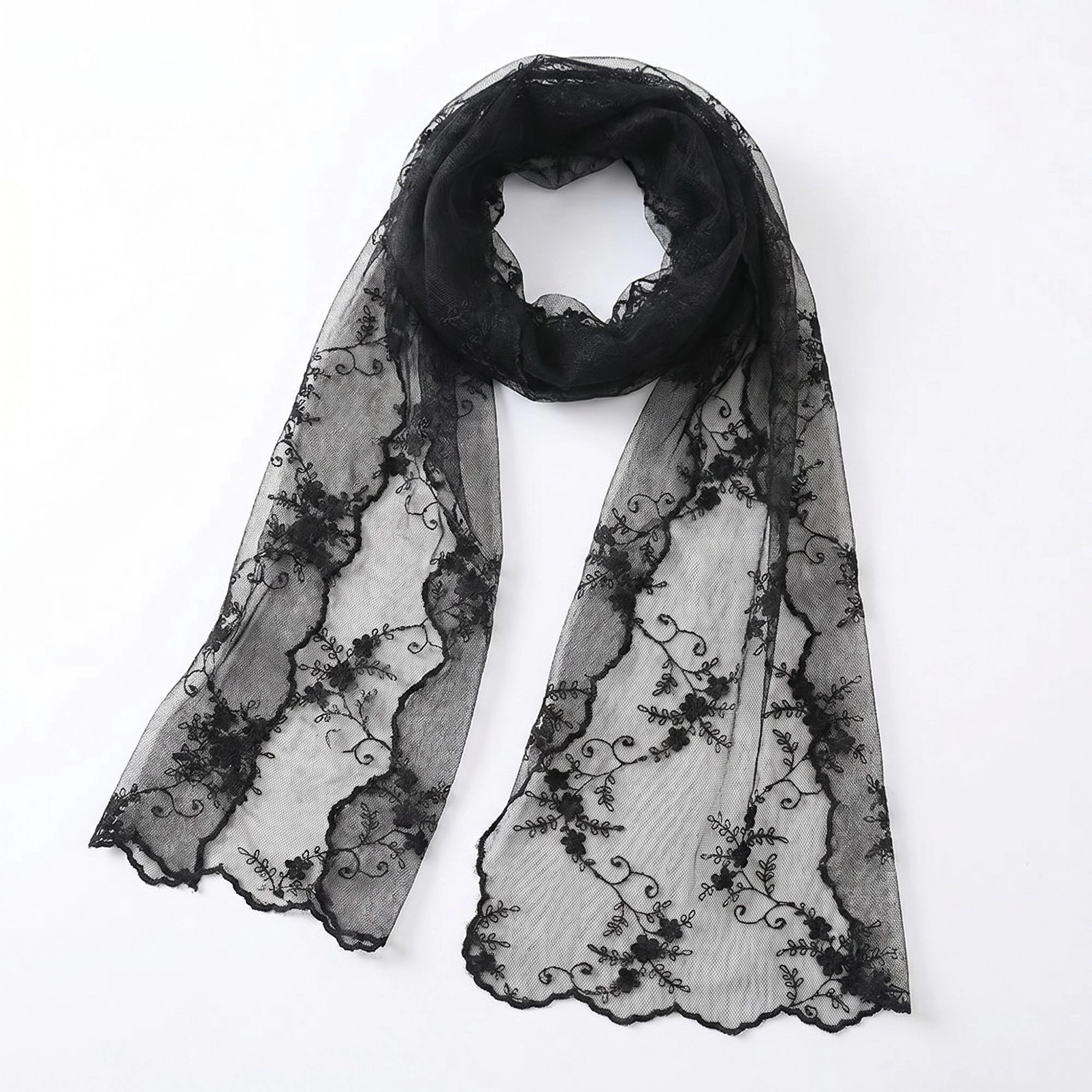 Anna-Kaci Women's Sheer Embroidered Skinny Scarf with Floral Lace Trim and Long Neck Tie Design