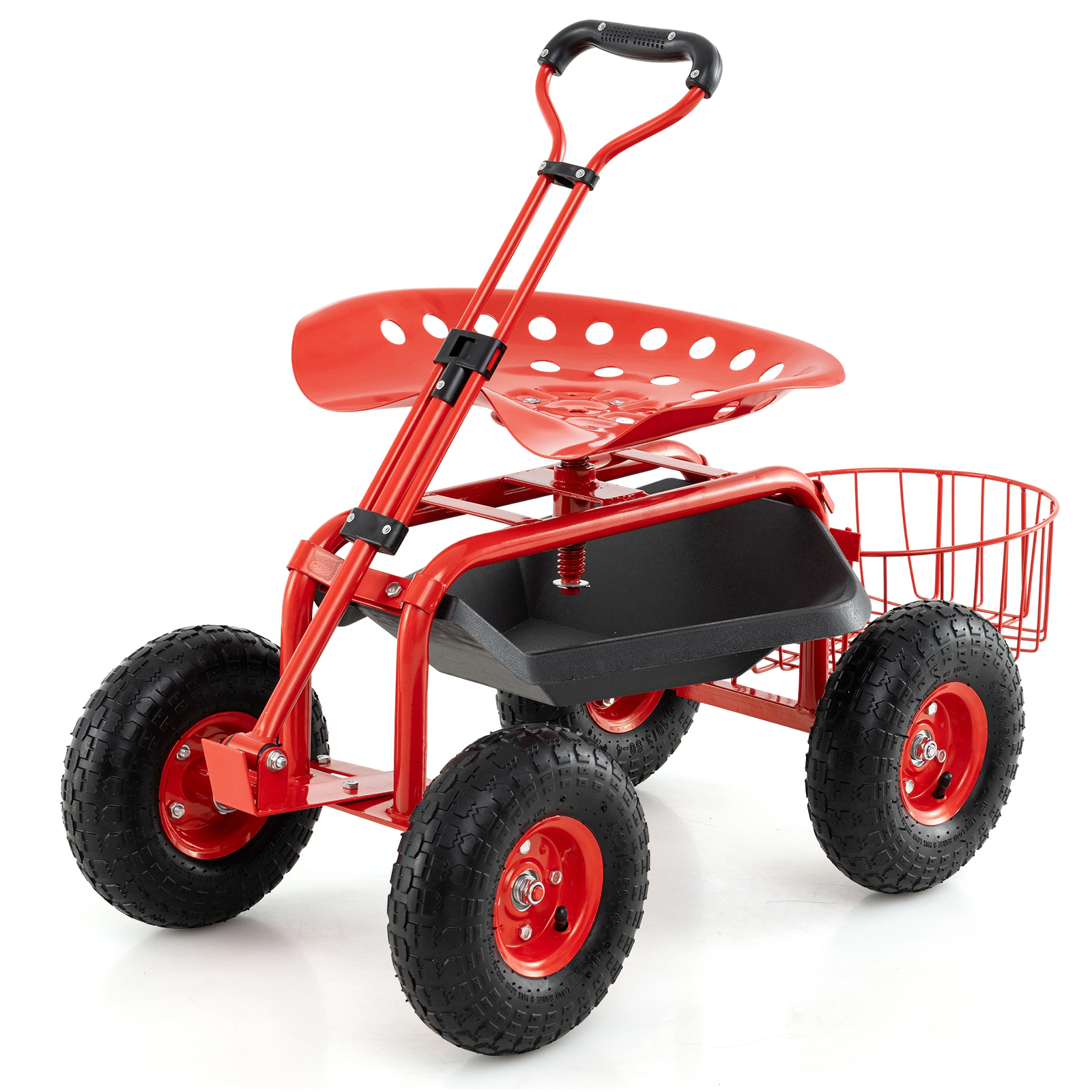 SUGIFT Heavy Duty Garden Cart with Tool Tray and 360 Swivel Seat 330-lb Capacity Green with Basket and 10-in Wheels
