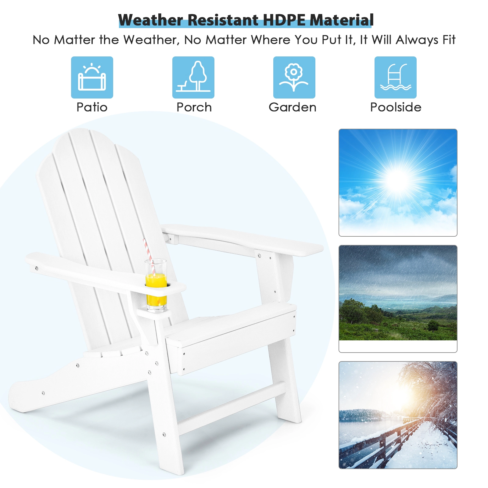 SUGIFT 330-lb Capacity All Weather PE Adirondack Chair with Built-in Cup Holder and 304 Stainless Steel Screws