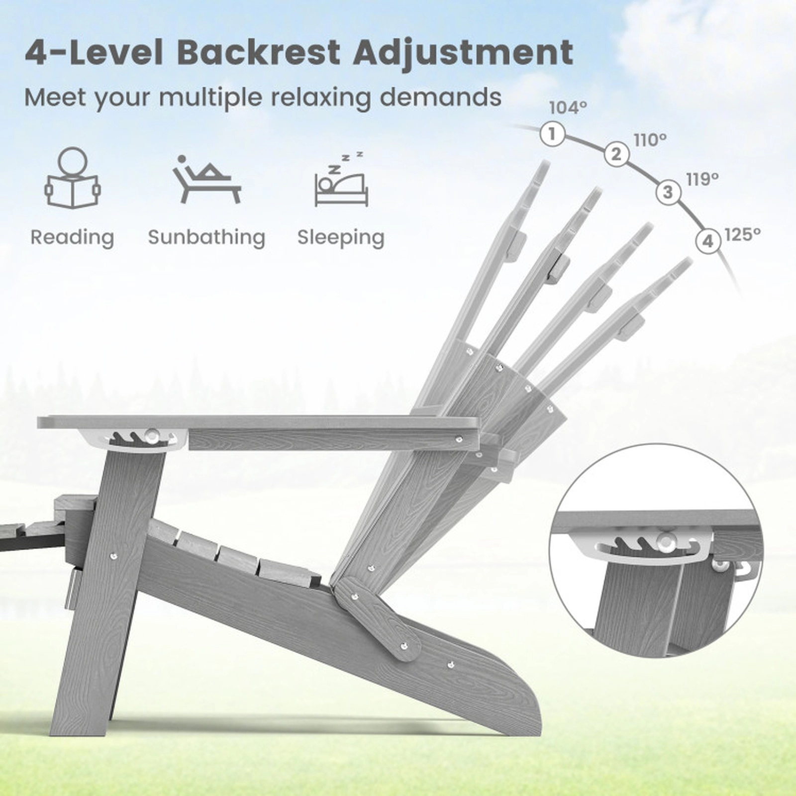 SUGIFT All-Weather HIPS Folding Adirondack Lounge Chair 4-Position Backrest 400-lb Capacity Retractable Footrest Gray